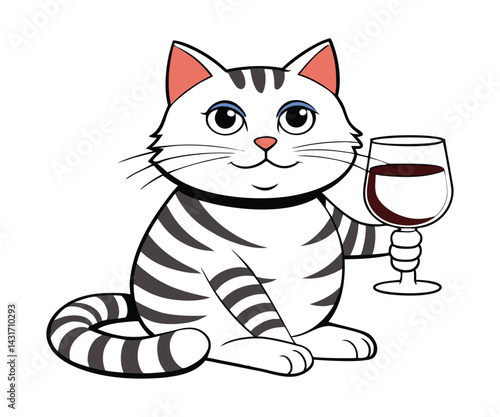 Funny cat party illustration, wine lover cat on a white background
