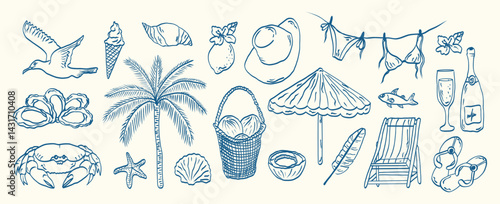 Minimalist Italian summer vacation illustration set. Hand draws elements lemon, crab, seagull, beach, seashells in doodle sketch style. Art for greeting cards, to beach party, picnic. Vector.