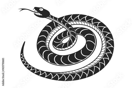 Black cobra silhouette, coiled snake in striking position on a white background