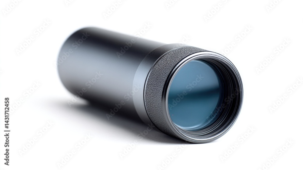 single telescope lens representing boundless curiosity of astronomy isolated against stark white backdrop single telescope lens representing boundless curiosity of astronomy isolated against stark white backdrop