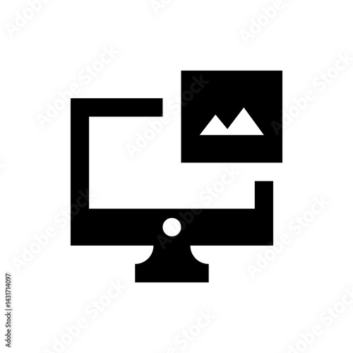 Black and white computer monitor with a mountain image displayed on a smaller screen overlaying it