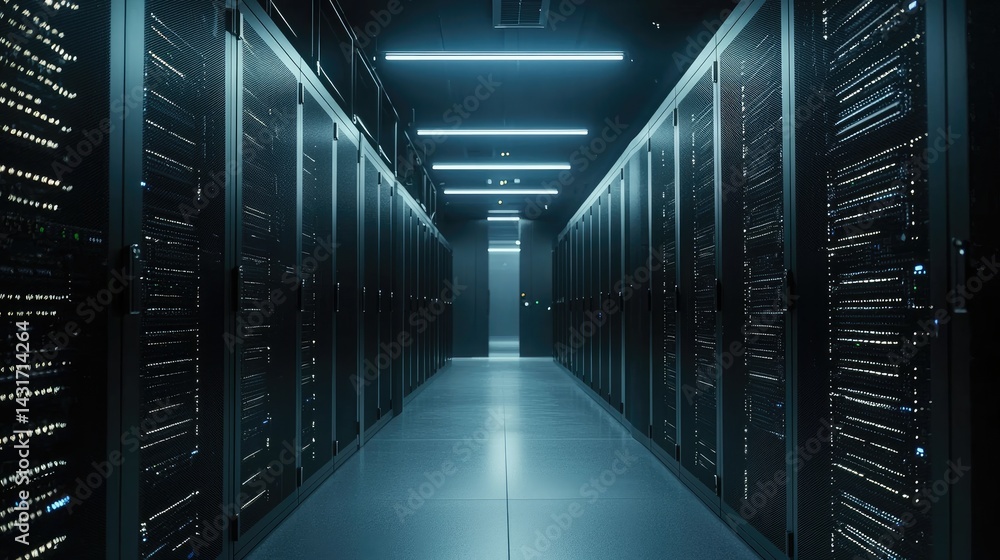 Dark modern data center with illuminated server racks and overhead lighting. Suitable for cloud computing, network security, and enterprise IT service visuals Dark modern data center with illuminated server racks and overhead lighting. Suitable for cloud computing, network security, and enterprise IT service visuals