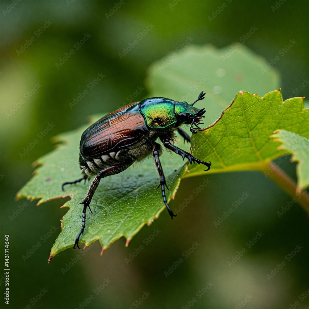 Japanese Beetle Macro Green Body Close-Up on Grapevine Leaf Japanese Beetle Macro Green Body Close-Up on Grapevine Leaf