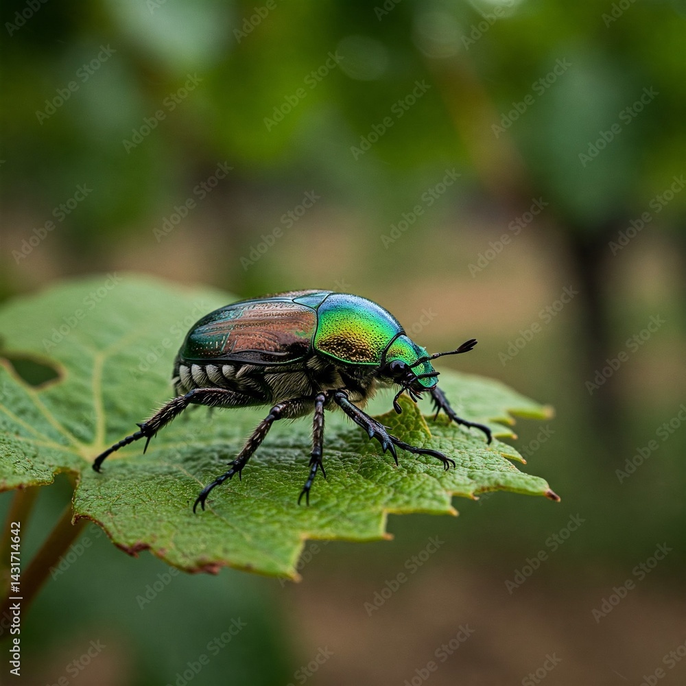 Popillia Japonica Macro Iridescent Beetle on Leaf with Vineyard Blur Popillia Japonica Macro Iridescent Beetle on Leaf with Vineyard Blur