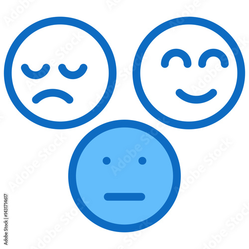 satisfaction and feedback, Emotions Icons Happiness Sadness and Neutral Faces blue fill icon