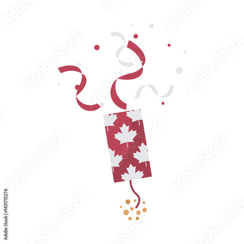 Confetti popper with Canada maple leaf print in flat design. Holiday firecracker. Vector illustration isolated.