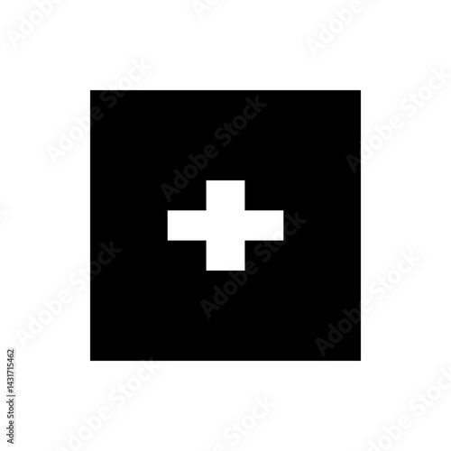 A simple graphic featuring a white plus sign centered on a rectangular black background creating contrast