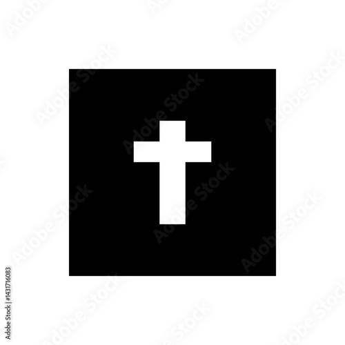 Illustration of a white christian cross centered on a black background representing faith and religion