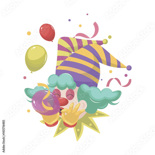 Fools day holiday clown in flat design. Circus comedian head blowing balloons. Vector illustration isolated.