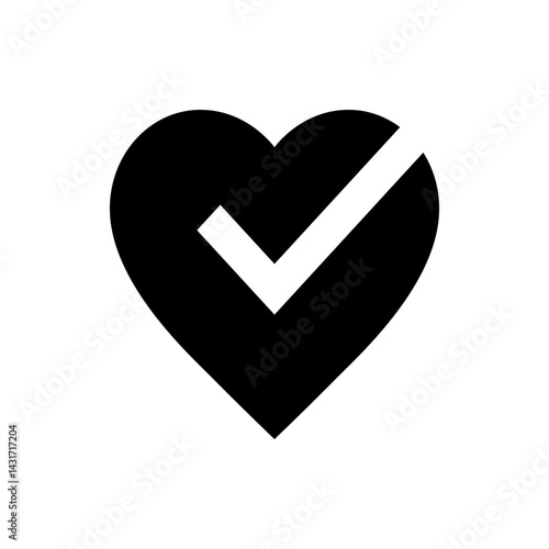 Black heart shape with a white check mark overlaying the heart in a simple graphic illustration style image