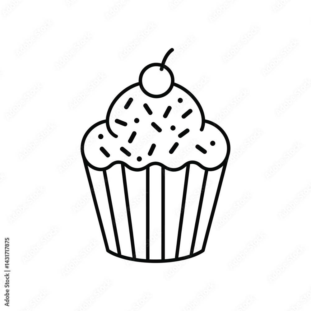 Cupcake with Cherry Icon – Line Art Dessert with Sprinkles for Bakery and Sweet Design Cupcake with Cherry Icon – Line Art Dessert with Sprinkles for Bakery and Sweet Design