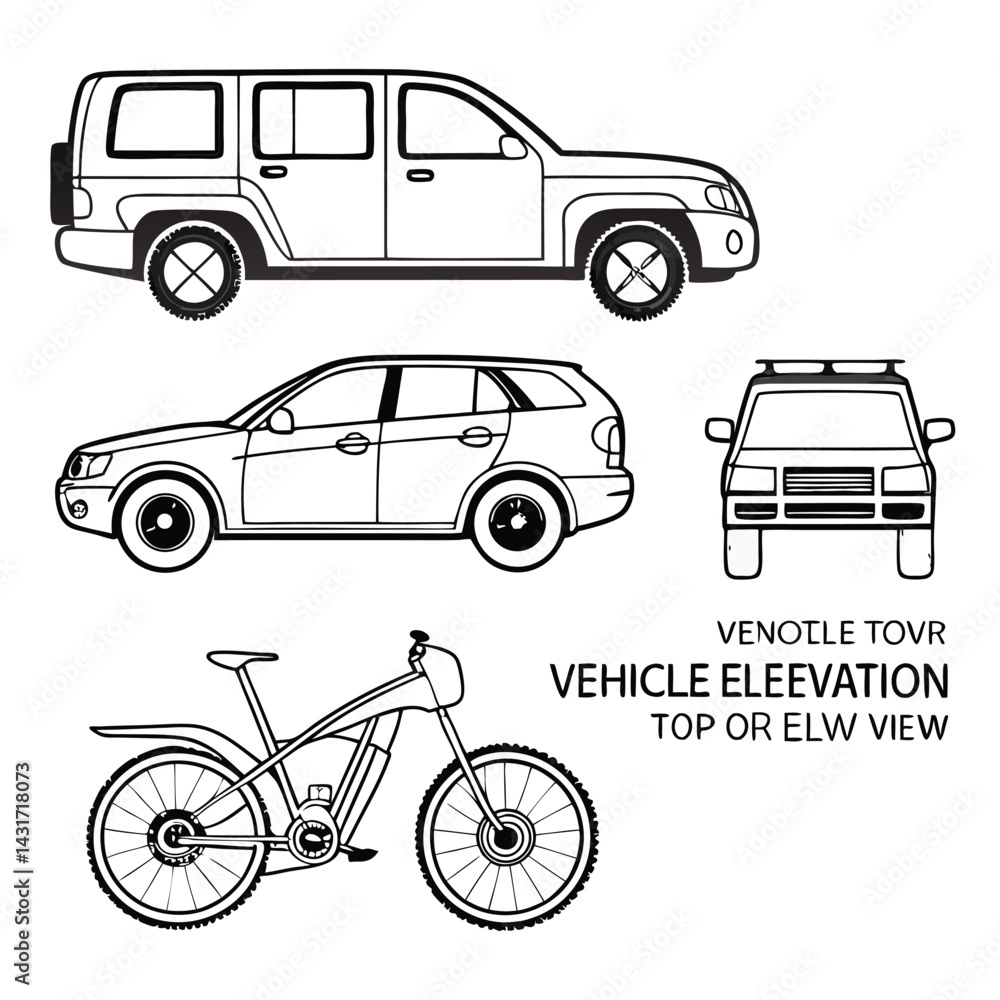 Fototapeta premium Vehicle elevation and top view vector flat illustration collection ideal for architectural design.