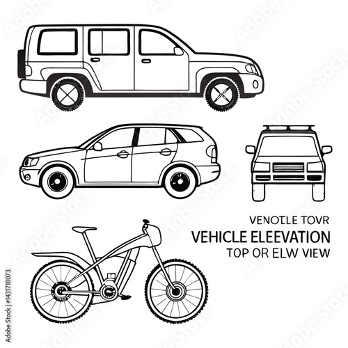 Vehicle elevation and top view vector flat illustration collection ideal for architectural design.