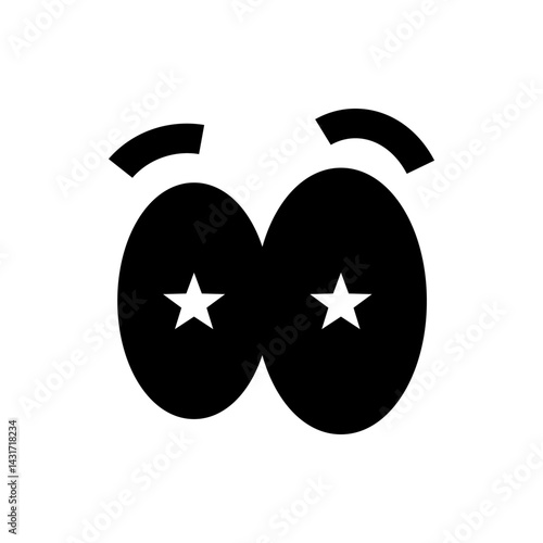Cartoonish eyes with stars in pupils and curved eyebrows in black and white simple graphic design vector