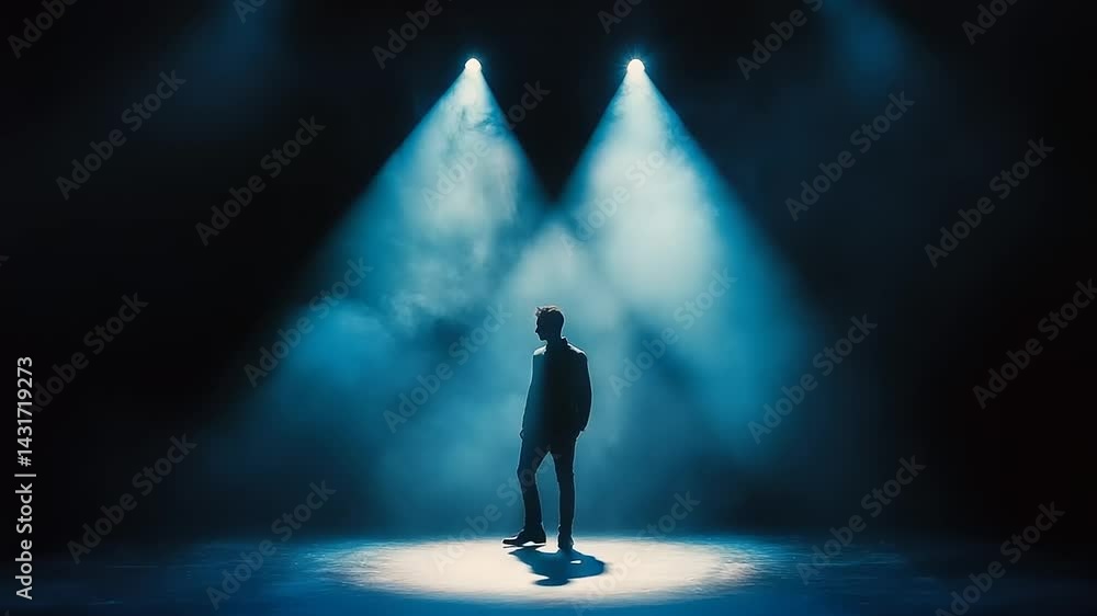 A lone figure stands in a spotlight on stage, surrounded by dramatic blue lighting and smoke A lone figure stands in a spotlight on stage, surrounded by dramatic blue lighting and smoke