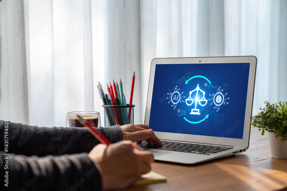 AI ethics responsibility standard law and rules on computer screen provide report of AI ethic transparency preventing technology crime. brisk