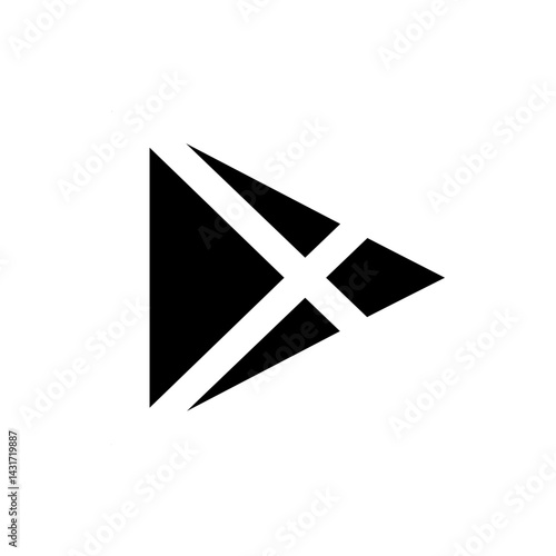 Black and white graphic of a play button made of triangles and intersecting white lines forming a cross