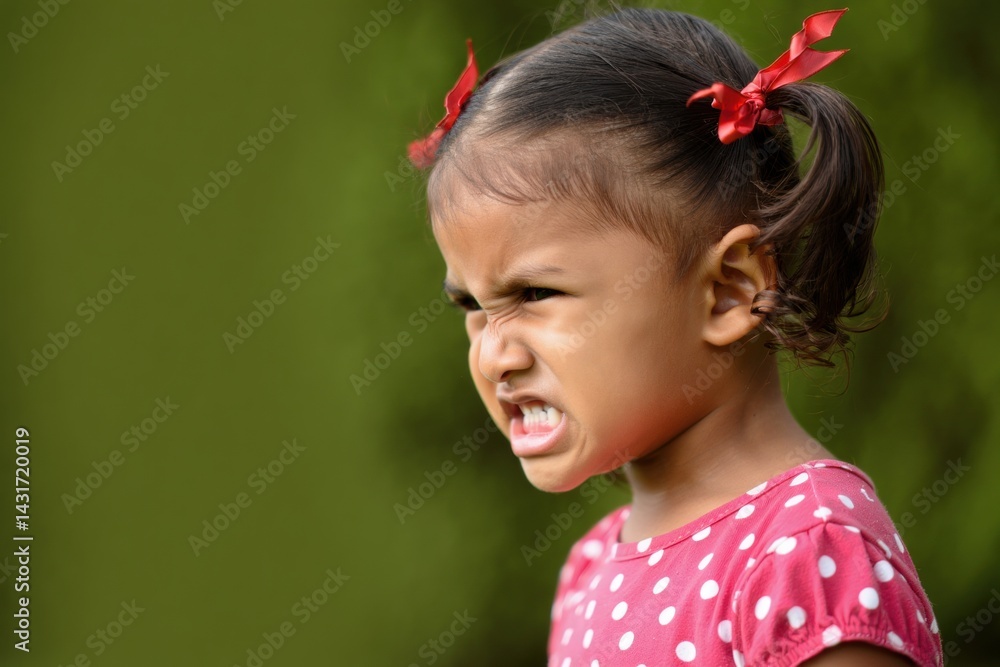 Playful expression of determined toddler in red polka dot dress and pigtail hairstyle
