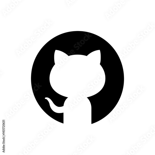Silhouette of a white cat-like figure with a curled tail inside a black circle on a white background image