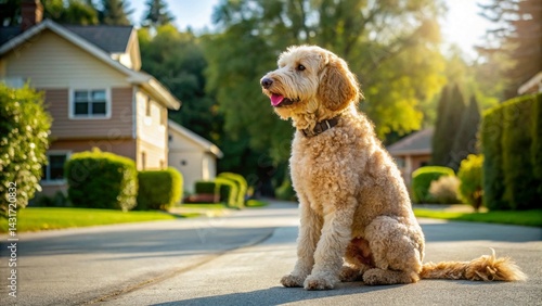 Happy Labradoodle sitting on driveway in shade, watching neighborhood with interest. Side profile view