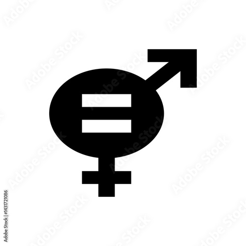 Black gender equality symbol with male and female signs connected by equal sign on a white background
