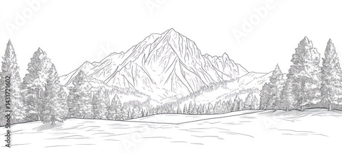 Sketch of Mountain View: A detailed sketch of a majestic mountain range rises amidst a lush forest landscape, depicting a serene and untouched panorama of the wilderness.