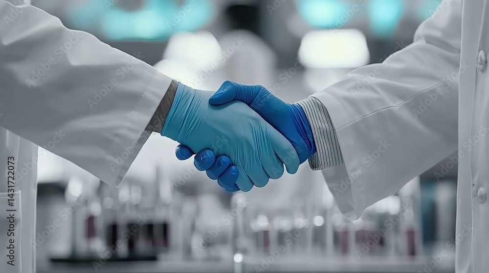 Two scientists in white lab coats shaking hands with blue gloves and laboratory test tubes in the background.