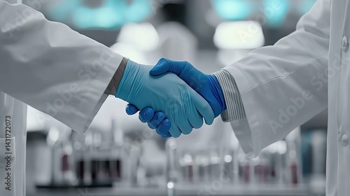 Obraz na płótnie Two scientists in white lab coats shaking hands with blue gloves and laboratory test tubes in the background. w salonie