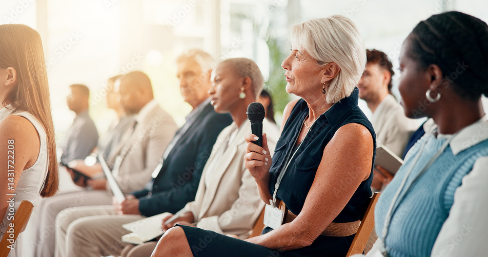 Seminar, woman and mic with question for business, opinion or employee engagement in meeting. Audience, corporate training or person in conference with discussion, feedback or speech to voice concern Seminar, woman and mic with question for business, opinion or employee engagement in meeting. Audience, corporate training or person in conference with discussion, feedback or speech to voice concern