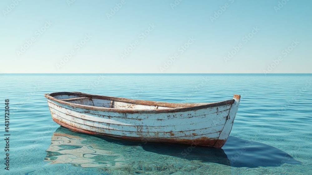 Naklejka premium Tranquil, weathered rowboat adrift on glassy sea