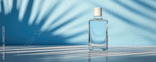 Glass bottle with liquid and shadows on blue background minimal and clean