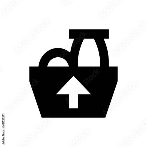 Black shopping bag with handles and an upward pointing arrow containing circular and oval objects inside it
