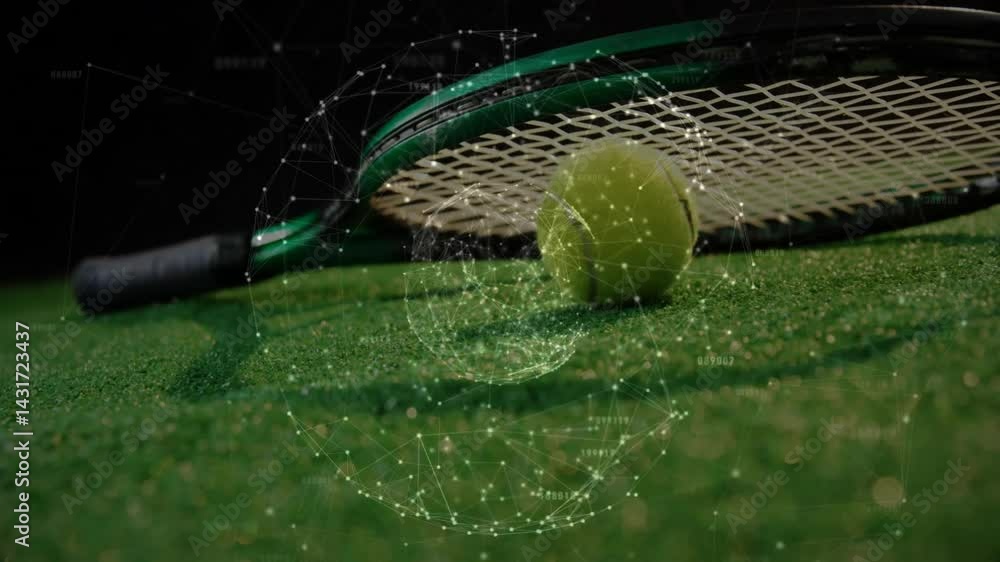 Tennis racket and tennis ball being visualized on green court, with network nodes and lines overlay
