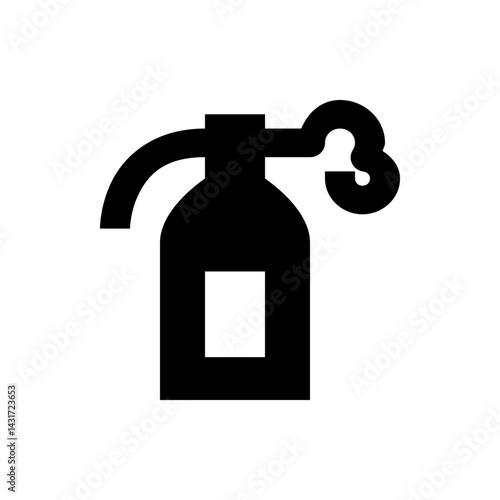 Illustration of a black fire extinguisher with a white square in the middle and a nozzle spraying foam