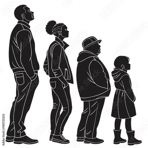Family Silhouette: Waiting in Line - Black & White Vector Illustration.