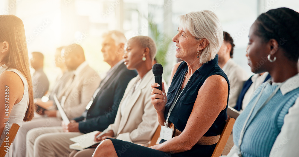 Obraz premium Microphone, question and business woman at conference for seminar faq, economic forum and meeting. Finance workshop, market research or tradeshow event with people at convention expo for spokesperson