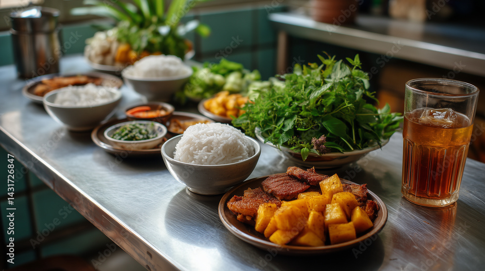 Com tam served with traditional condiments and iced tea on the side, stainless steel table and authentic Saigon vibe Com tam served with traditional condiments and iced tea on the side, stainless steel table and authentic Saigon vibe