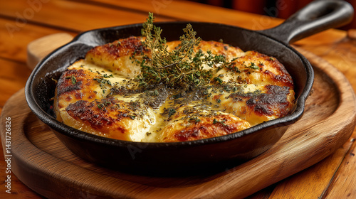 Traditional Argentine provoleta served sizzling in a cast iron skillet, melted provolone cheese with herbs and oregano, crusty golden edges, rustic wooden table