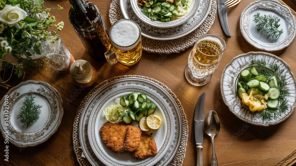 Overhead view of full Austrian meal with Wiener schnitzel, cucumber salad, and cold beer, elegant traditional setting Overhead view of full Austrian meal with Wiener schnitzel, cucumber salad, and cold beer, elegant traditional setting
