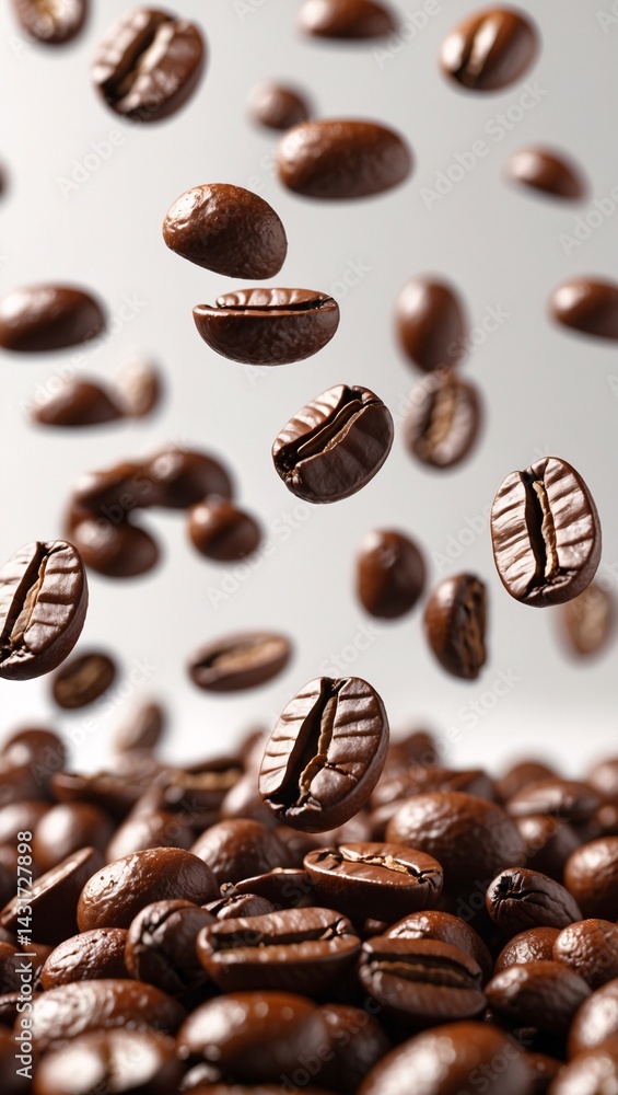 Coffee beans raining down with a focus on the details of roasted coffee Coffee beans raining down with a focus on the details of roasted coffee