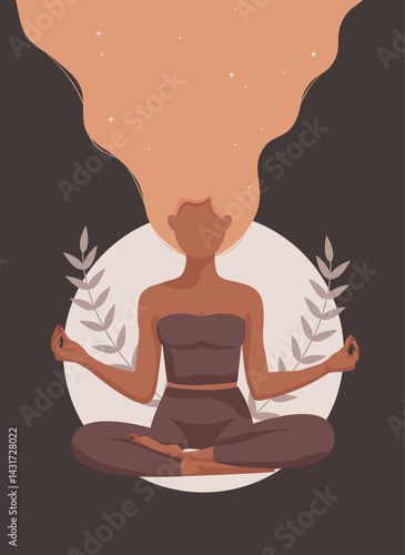 Yoga girl meditating with long blond galaxy hair, sitting in lotus pose, calm and peaceful illustration, wellness and self-care concept