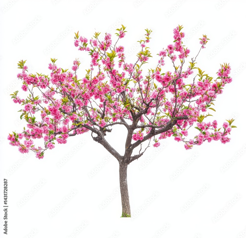 Obraz premium Tree with flowers and delicate petals on a pure white background.