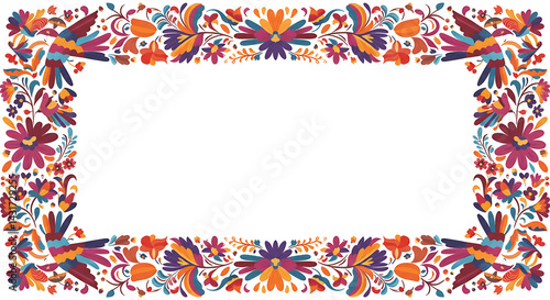 Festive Colorful Floral Otomi Frame with Birds for Cinco de Mayo Celebrations: Traditional Mexican Embroidery Inspired Design with Vibrant Details and a Joyful, Artistic Touch