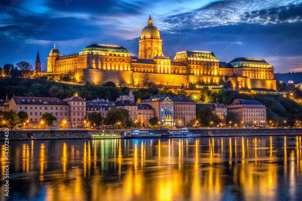 Fototapeta premium Majestic Buda Castle at Dawn: Panoramic Danube River View, Budapest, Hungary