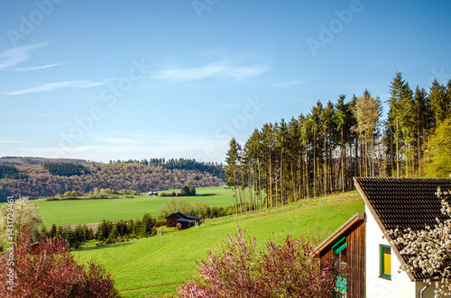 Spring countryside landscape with forest and house