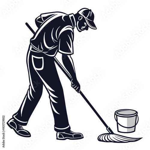 janitor mopping floor in silhouette style