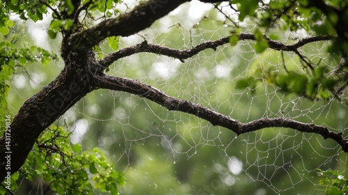 Raindrops cling to fine spider webs between the branches of old trees. background wallpaper AI generated image