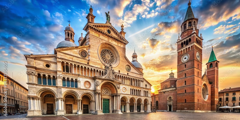 Fototapeta premium Majestic Cremona Cathedral: Italian Architectural Marvel, Sunlit Facade, Copy Space