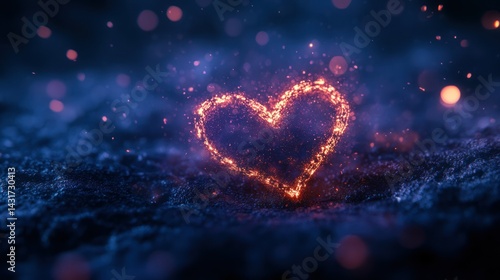A glowing heart shape made of sparkles against a dark, textured background.