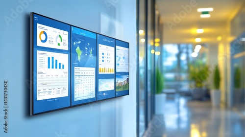 A modern office hallway with a large video wall displaying various business charts, graphs, and data visualizations.